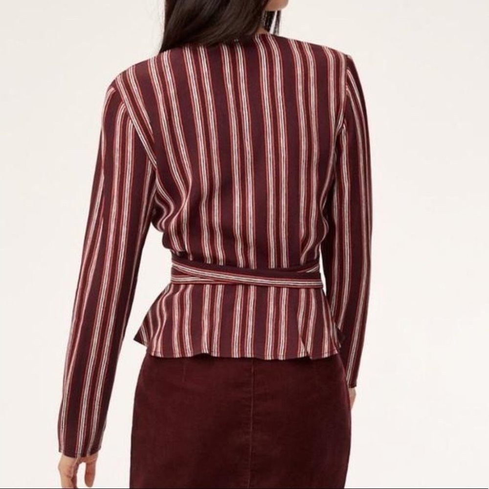NWT Aritzia Wilfred Free Shannon Wrap Blouse Cardamon Stripe - Picture 2 of 16